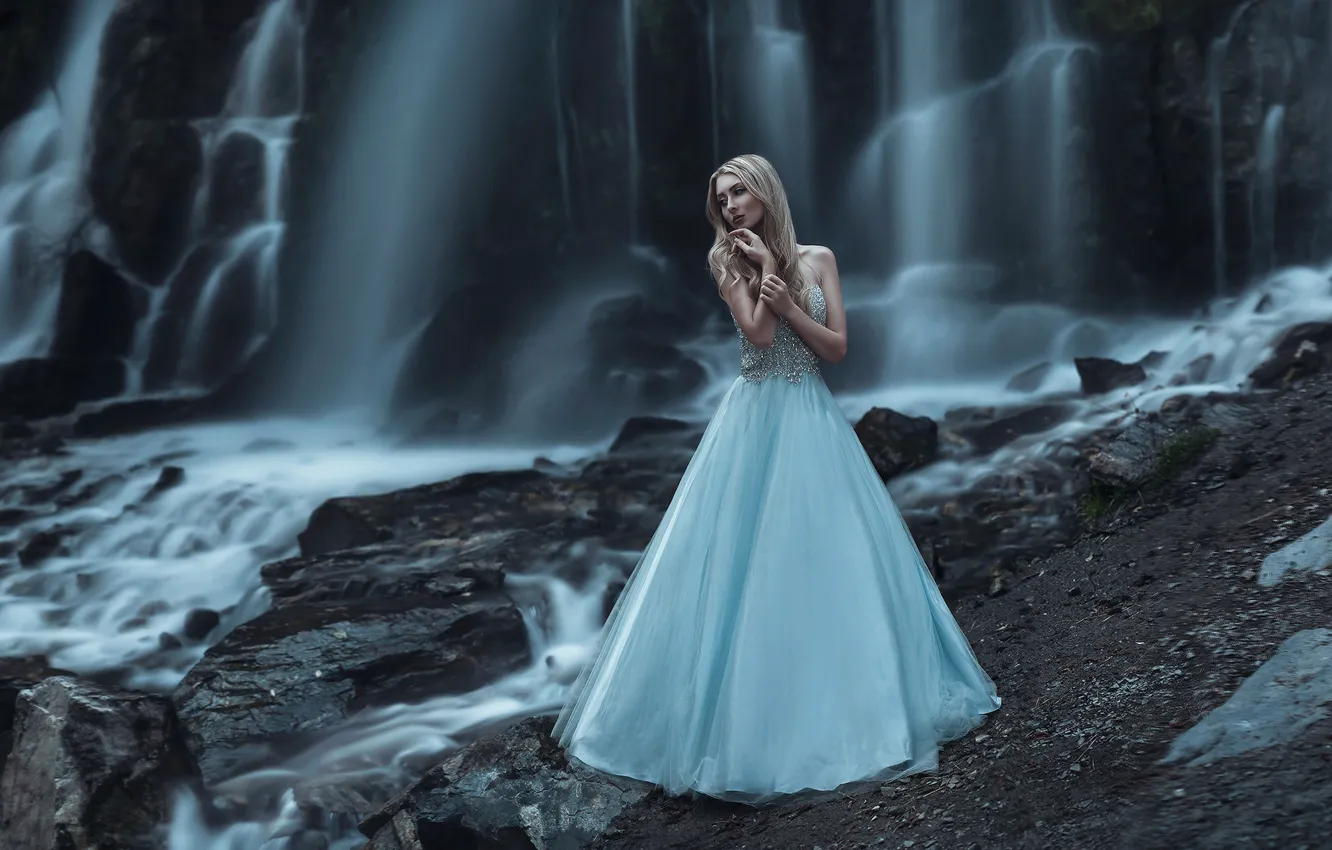 Photo wallpaper look, girl, pose, waterfall, dress, beautiful, Bill Larkin