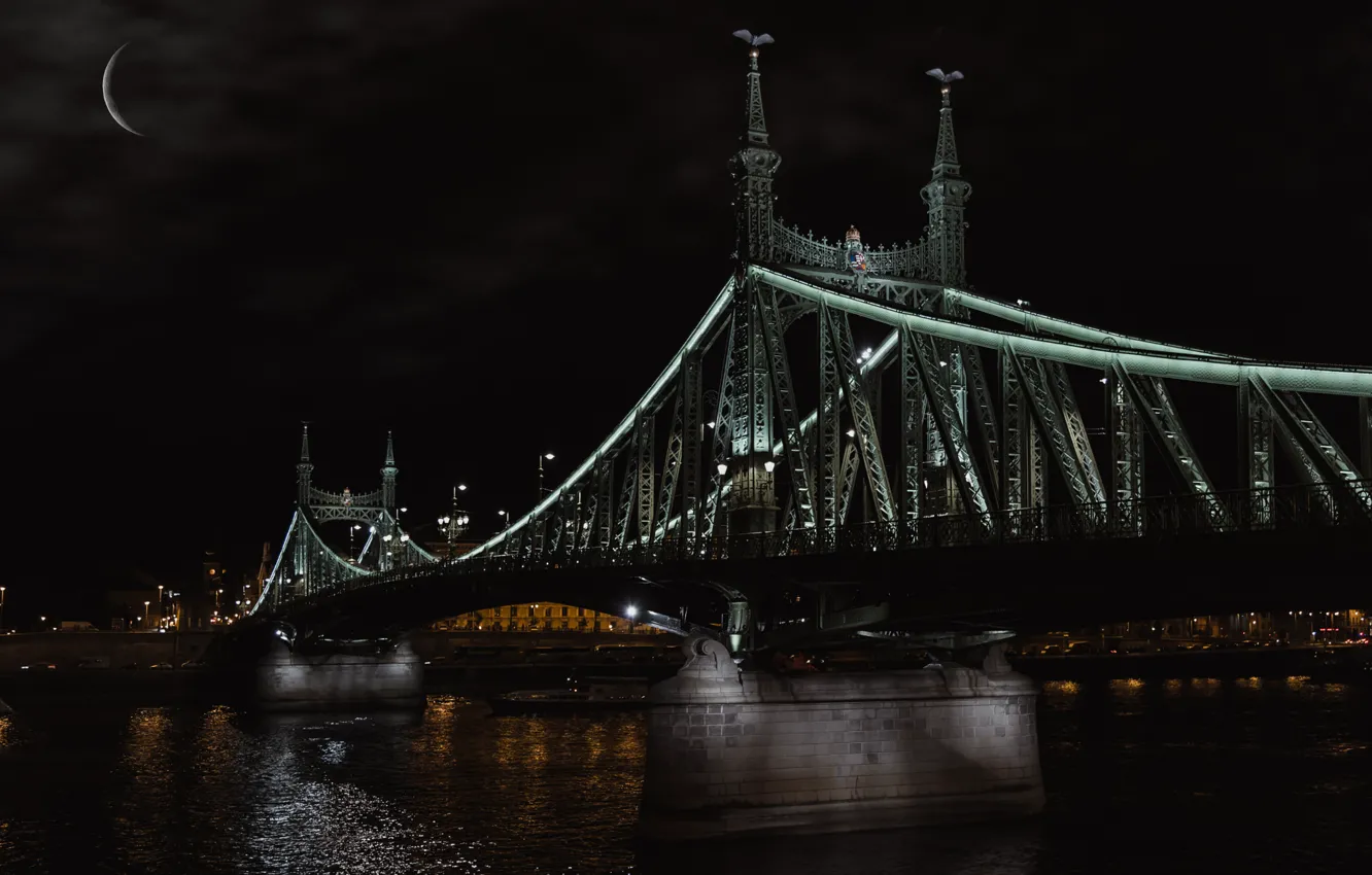 Photo wallpaper night, bridge, river, the moon, Budapest