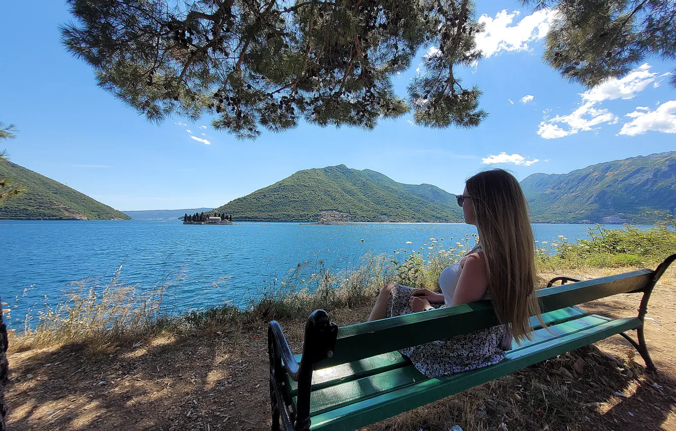 Photo wallpaper sea, girl, mountains, nature, shop, Montenegro, Perast