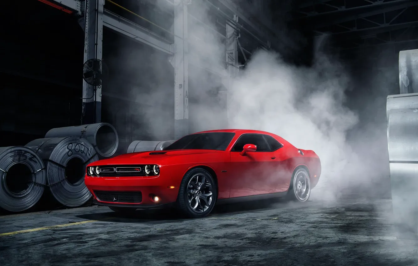 Photo wallpaper Muscle, Dodge, Challenger, Red, Car, Front, Smoke, American