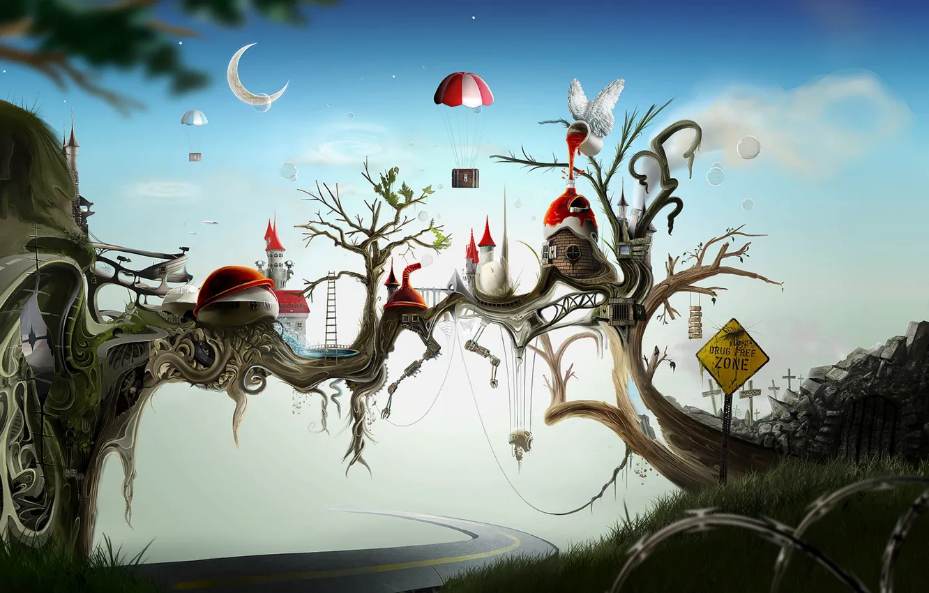 Photo wallpaper road, trees, movement, home, road, trees, houses, traffic