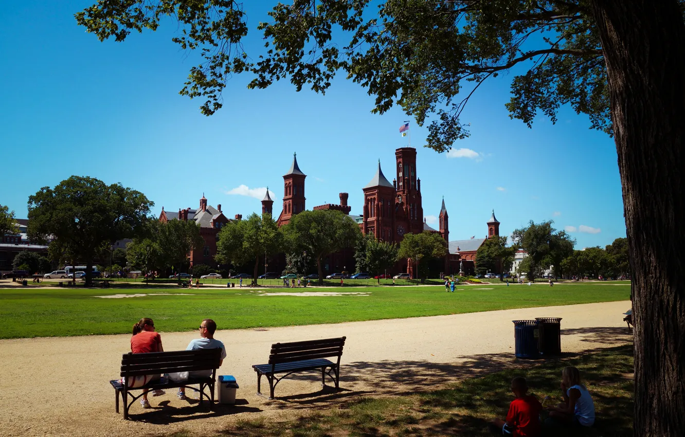 Photo wallpaper trees, the city, Park, people, home, bench