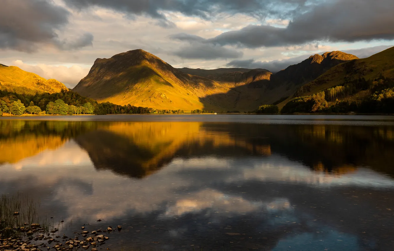 Photo wallpaper forest, the sky, clouds, light, mountains, lake, reflection, hills