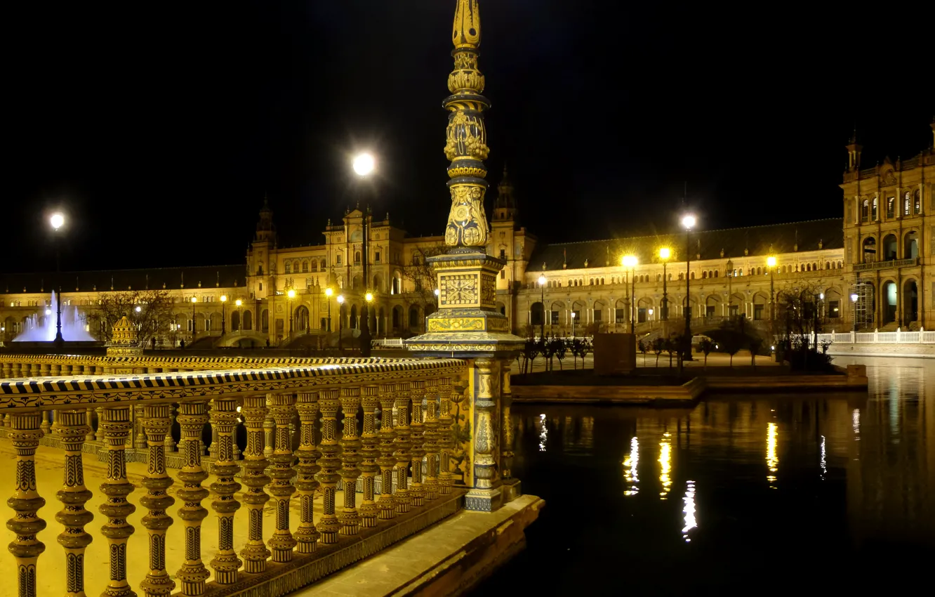 Photo wallpaper night, lights, Spain, Seville, Seville, Espana, Plaza de Espana