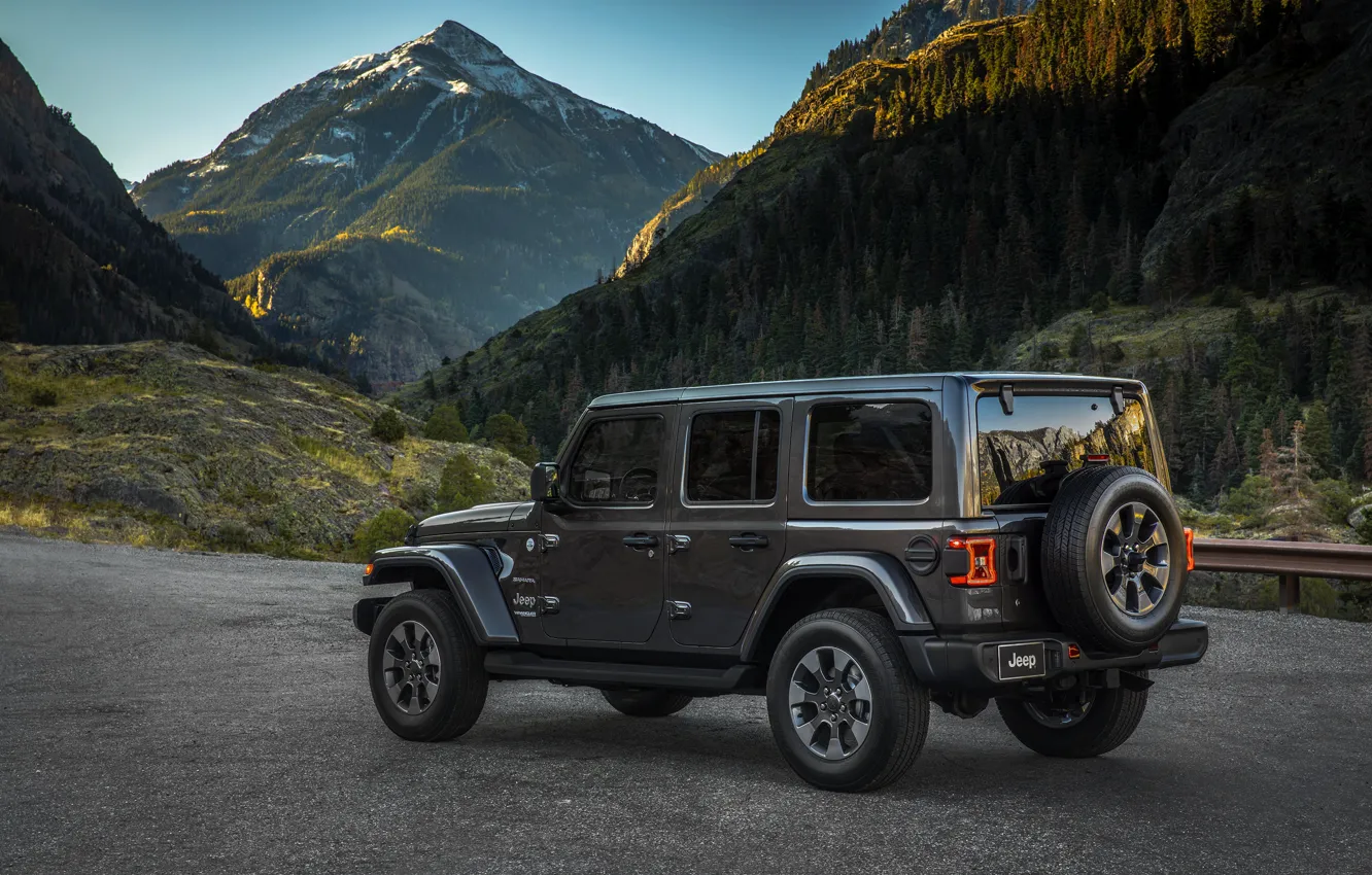 Photo wallpaper vegetation, the slopes, side view, 2018, Jeep, dark gray, Wrangler Sahara