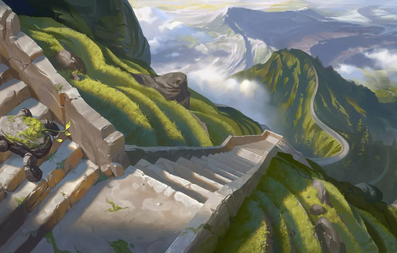 Photo wallpaper green, road, landscape, stone, mountains, chip, stairs, Riot Games