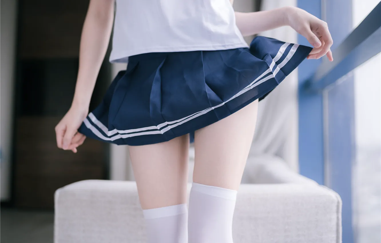 Photo wallpaper legs, model, asian, babe, photoshoot, socks, skirt, uniform