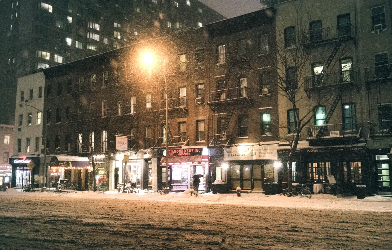 Photo wallpaper USA, storm, night, New York, Manhattan, NYC, Snow, New York City