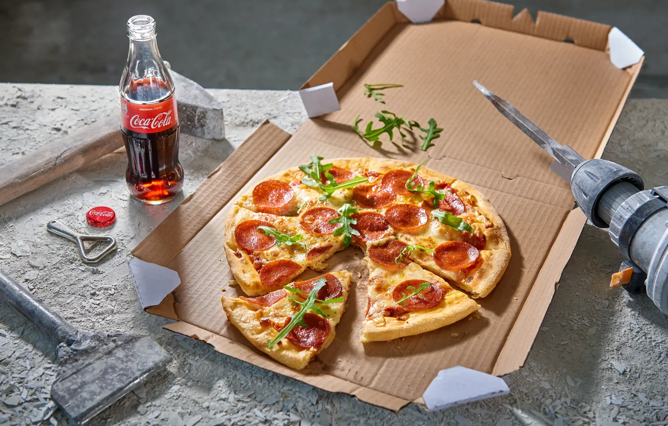 Photo wallpaper greens, pizza, Coca-Cola