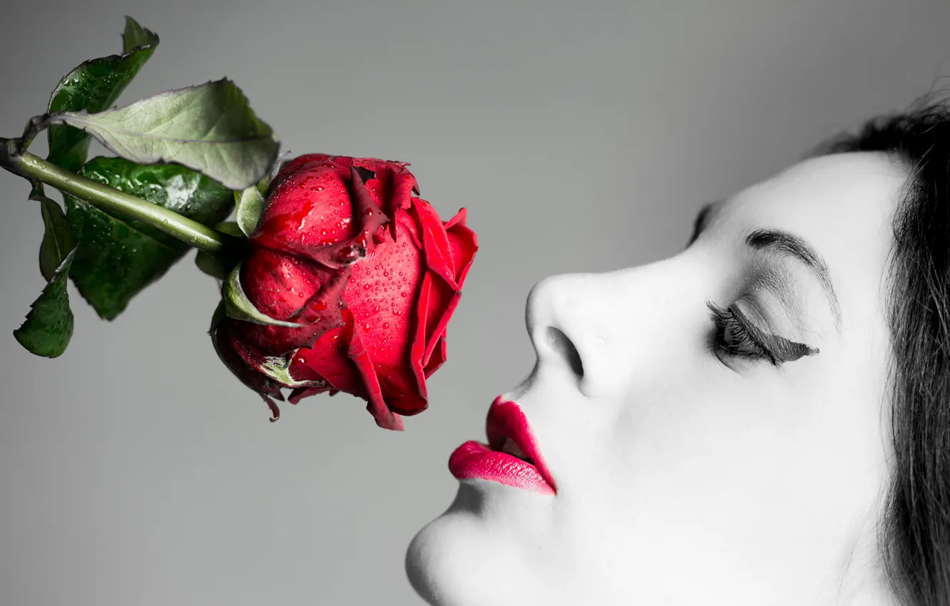 Photo wallpaper face, model, roses, lipstick, brunette, lips, Roberta