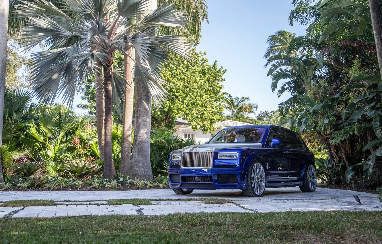 Photo wallpaper Rolls Royce, Blue, SUV, Silver, Palm, Cullinan