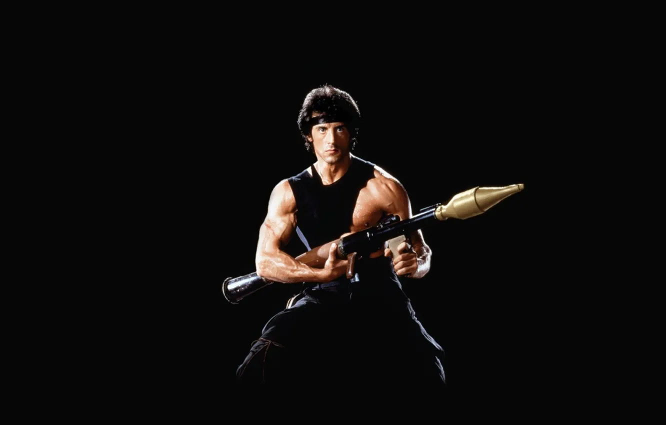 Photo wallpaper black background, rocket launcher, Sylvester Stallone, Bazooka, Sylvester Stallone, Rambo, Rambo