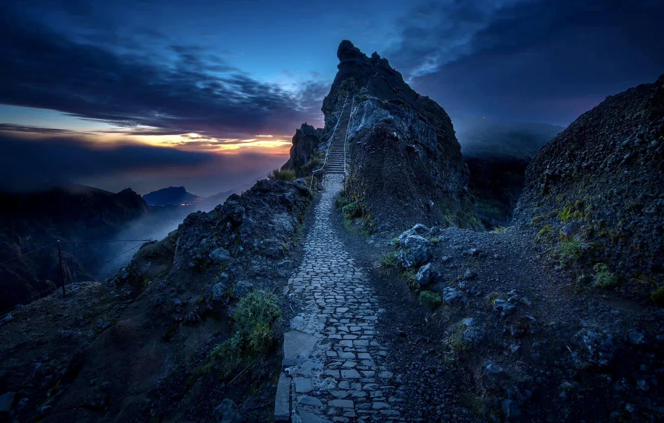 Photo wallpaper the sky, clouds, sunset, mountains, night, blue, stones, rocks