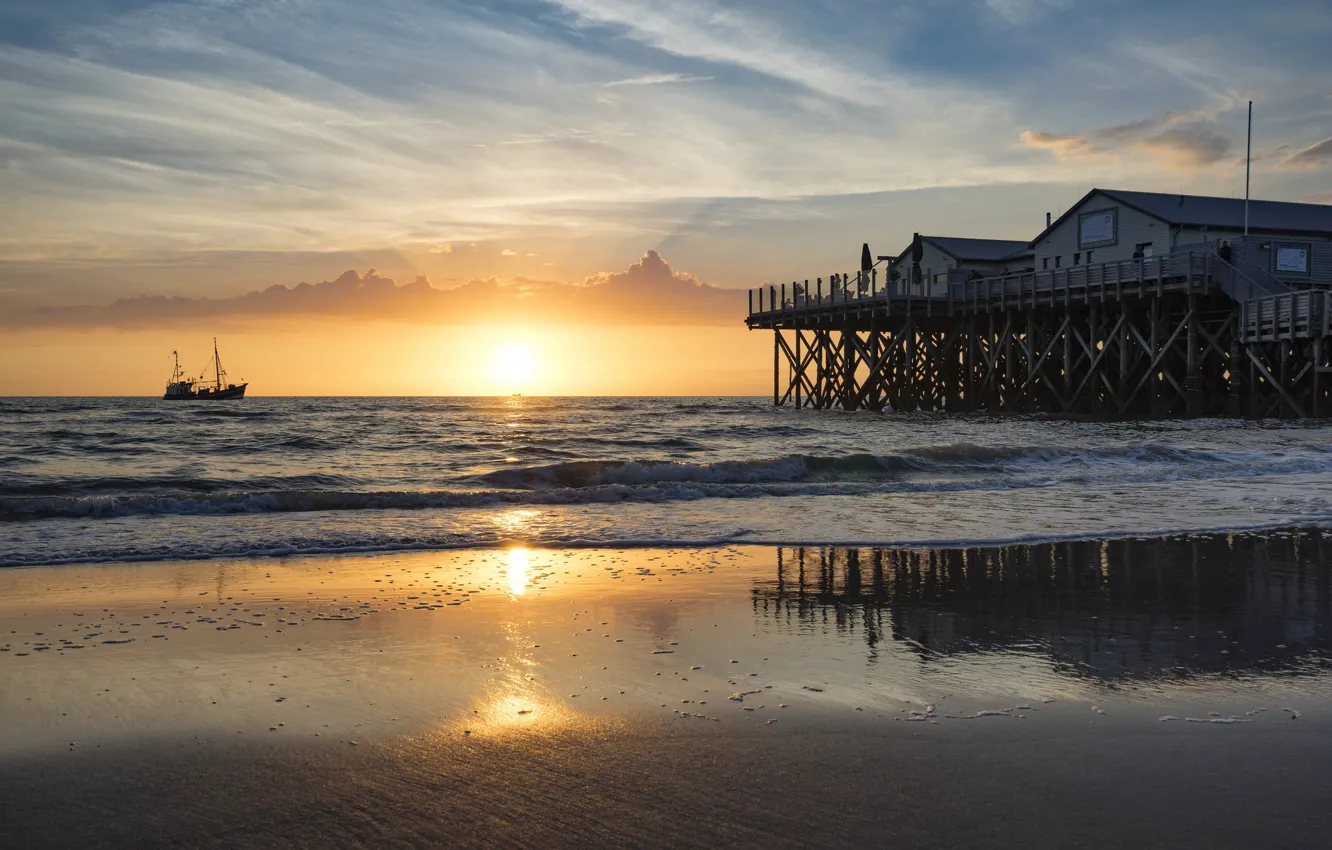 Photo wallpaper sea, sunset, ship, St. Peter Ording