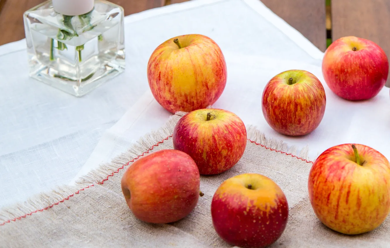 Photo wallpaper yellow, red, table, apples, vase, fruit, tablecloth