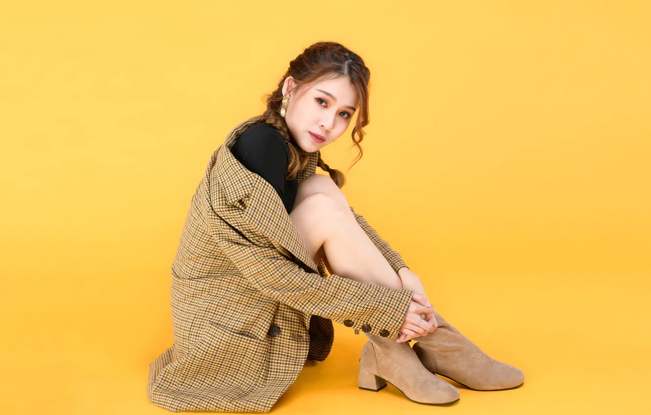 Photo wallpaper look, brown hair, Asian, jacket, sitting, yellow background