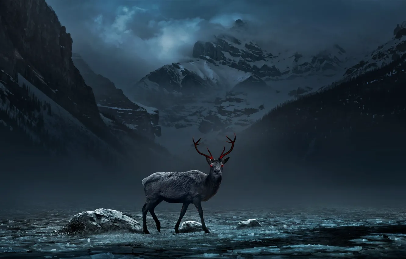 Photo wallpaper snow, mountains, radiation, deer, art, red eyes, alexiuss, nuclear winter