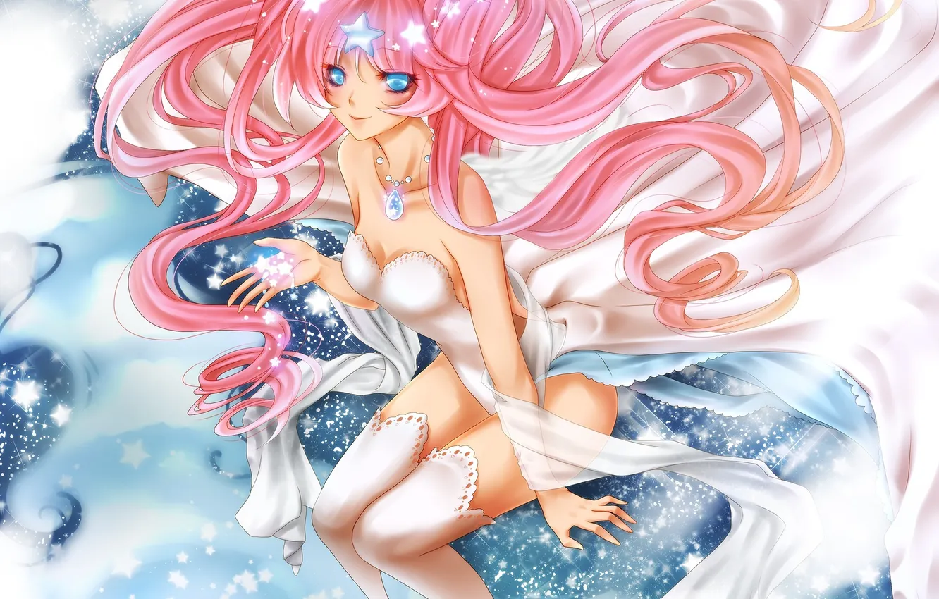 Photo wallpaper look, girl, stars, clouds, smile, gesture, art, ymir the