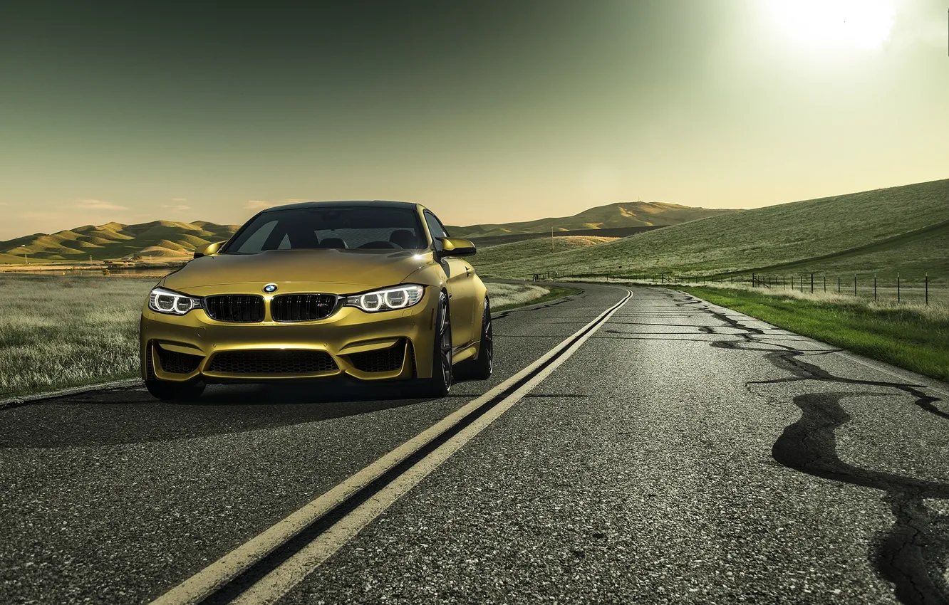 Photo wallpaper road, yellow, markup, bmw, BMW, yellow, the front, running lights