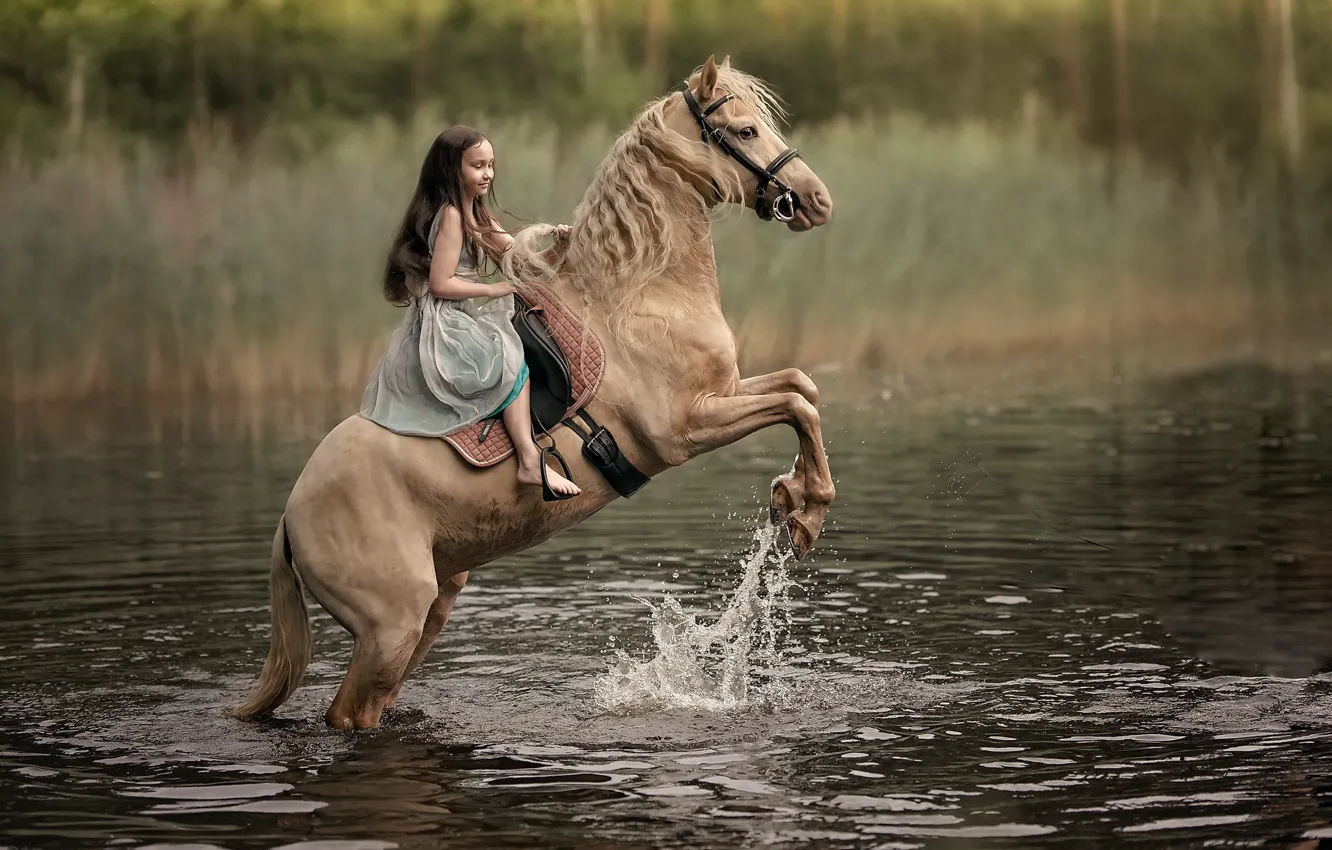 Photo wallpaper river, horse, girl