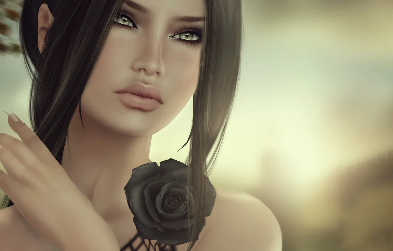 Photo wallpaper look, girl, face, graphics, rose
