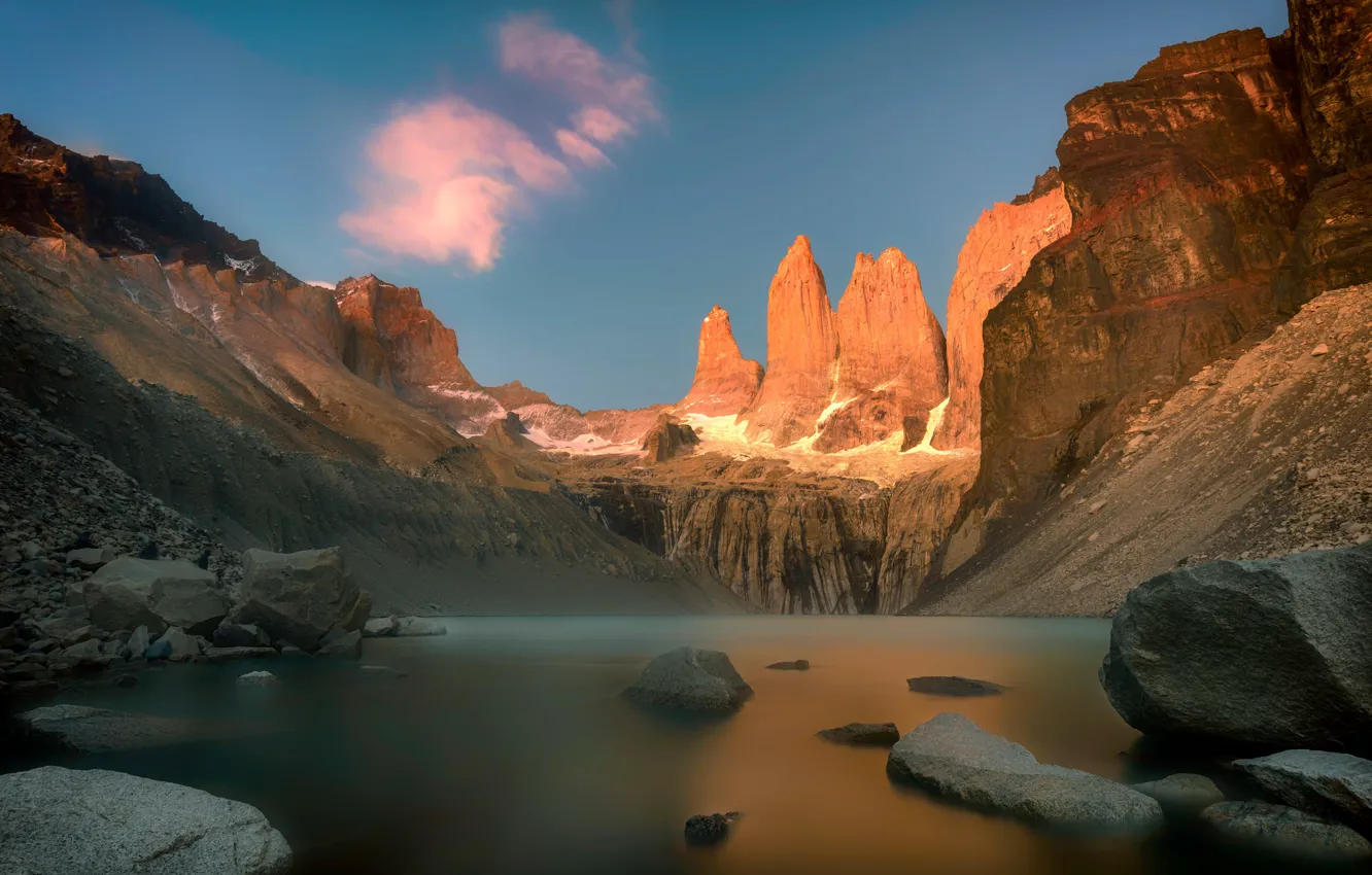 Photo wallpaper light, mountains, rocks, shore, view, pond