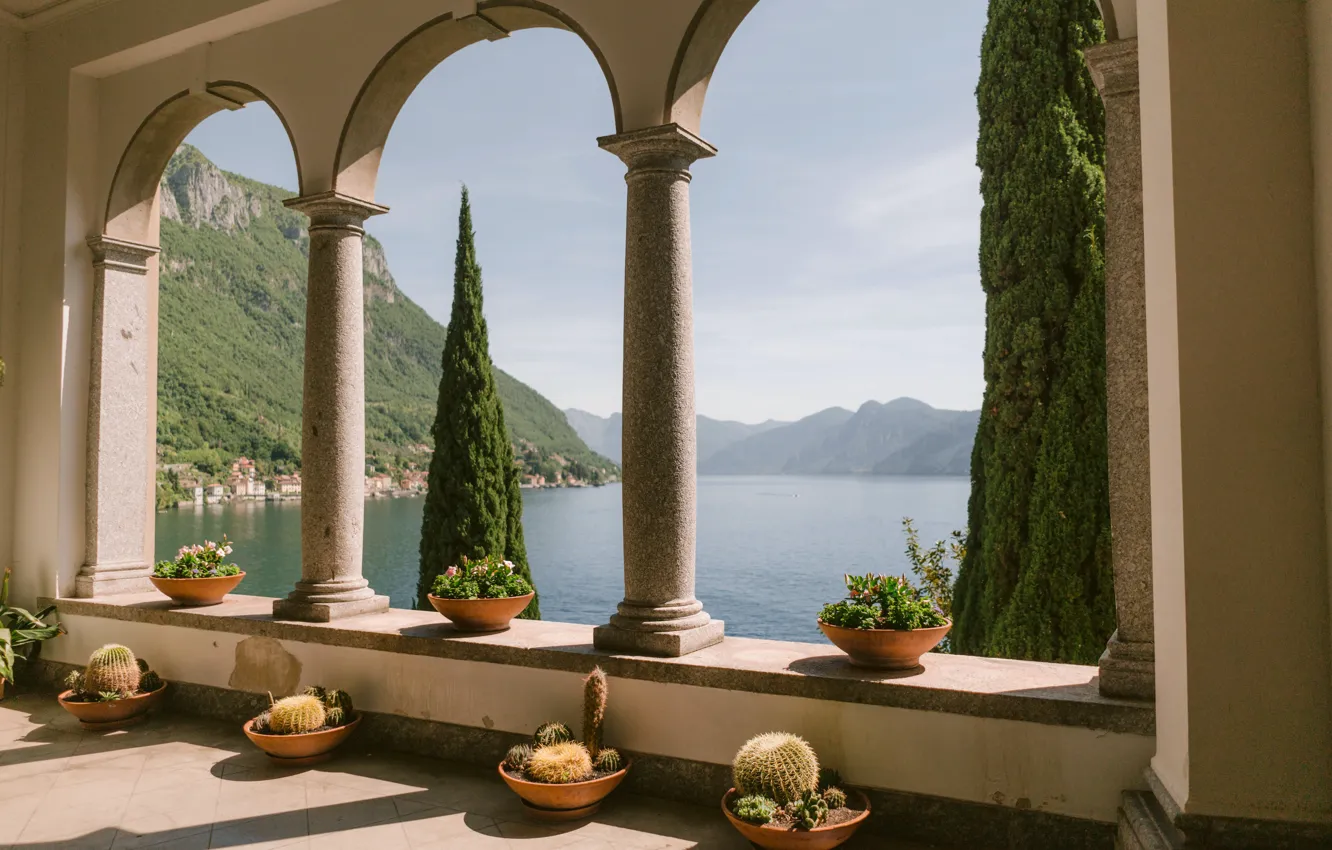 Photo wallpaper sea, water, trees, mountains, nature, columns, cactus in a pot