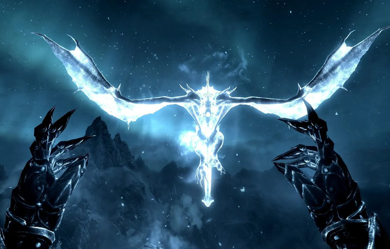 Photo wallpaper stars, flight, night, dragon, the game, claws, gloves, The Elder Scrolls V: Skyrim