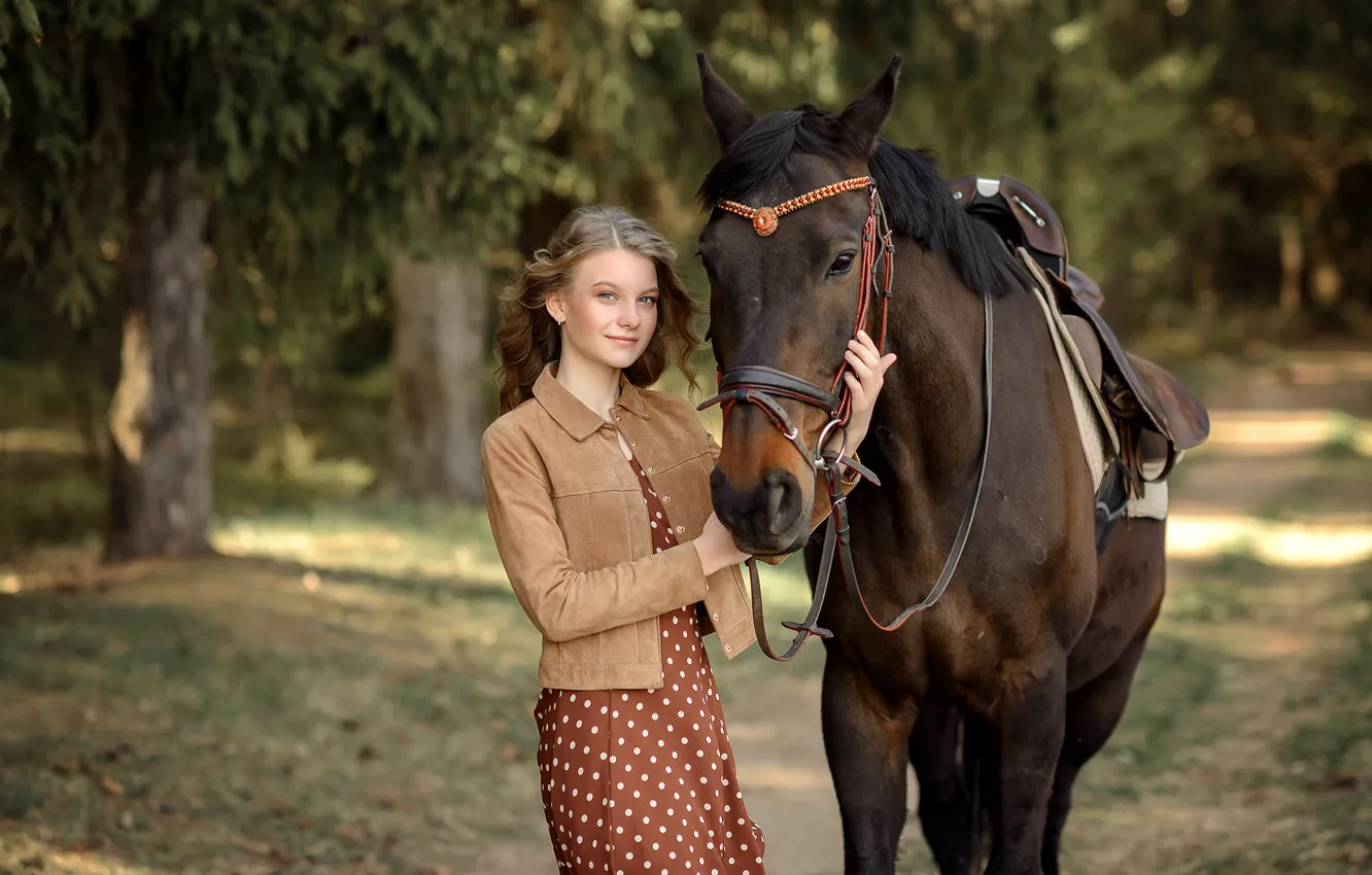 Photo wallpaper girl, trees, nature, animal, horse, horse, dress, jacket
