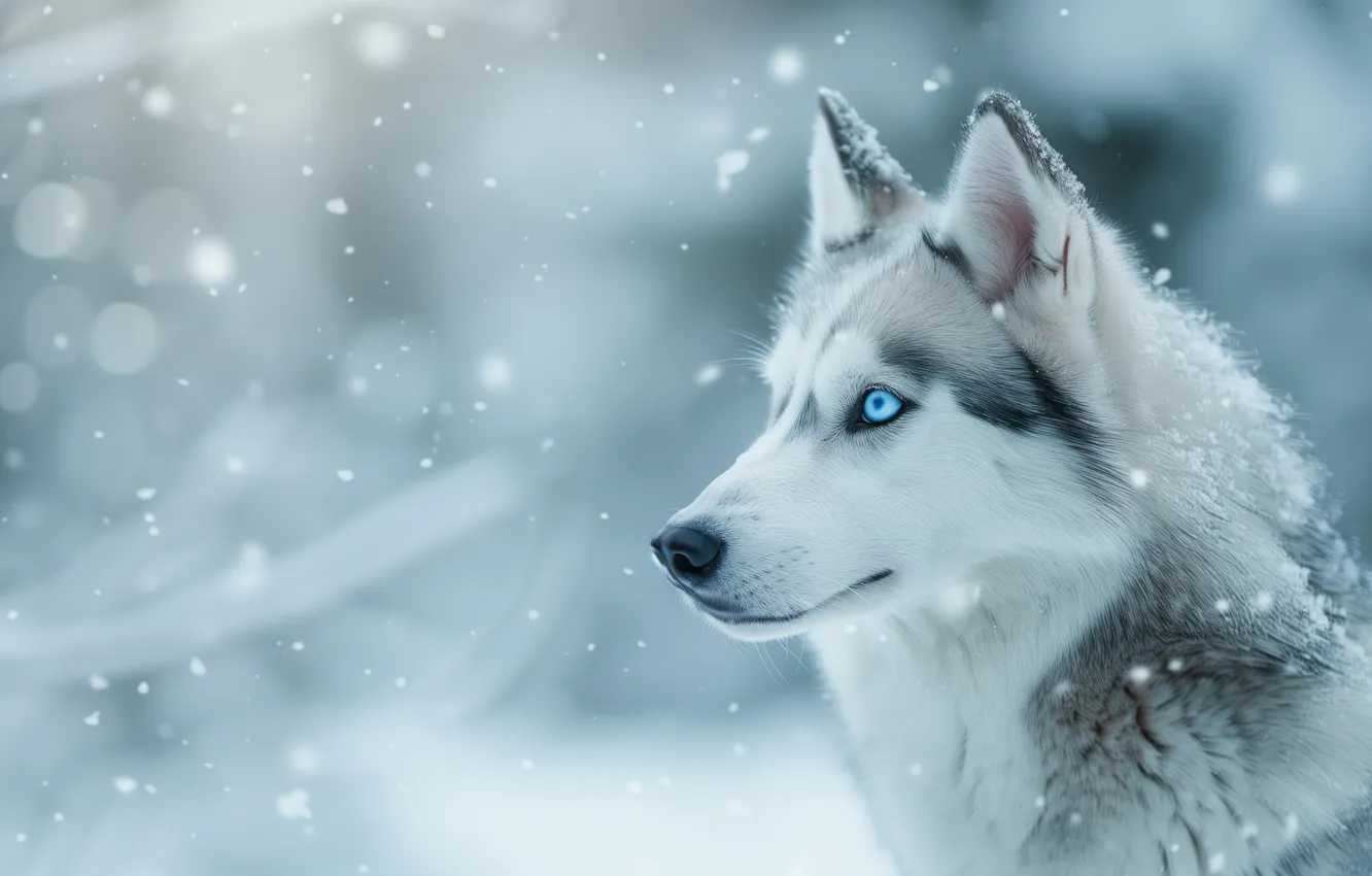 Photo wallpaper winter, look, snow, nature, grey, portrait, dog, profile
