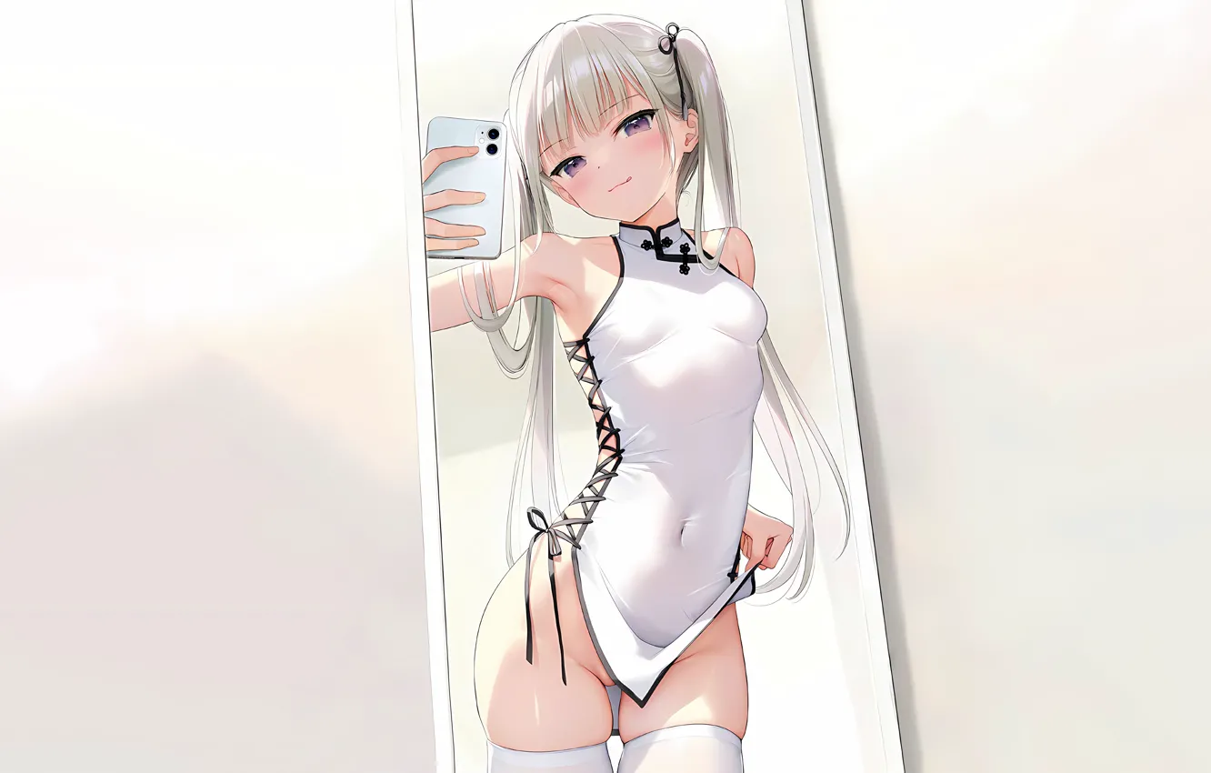 Photo wallpaper girl, sexy, thighhighs, long hair, dress, boobs, anime, beautiful