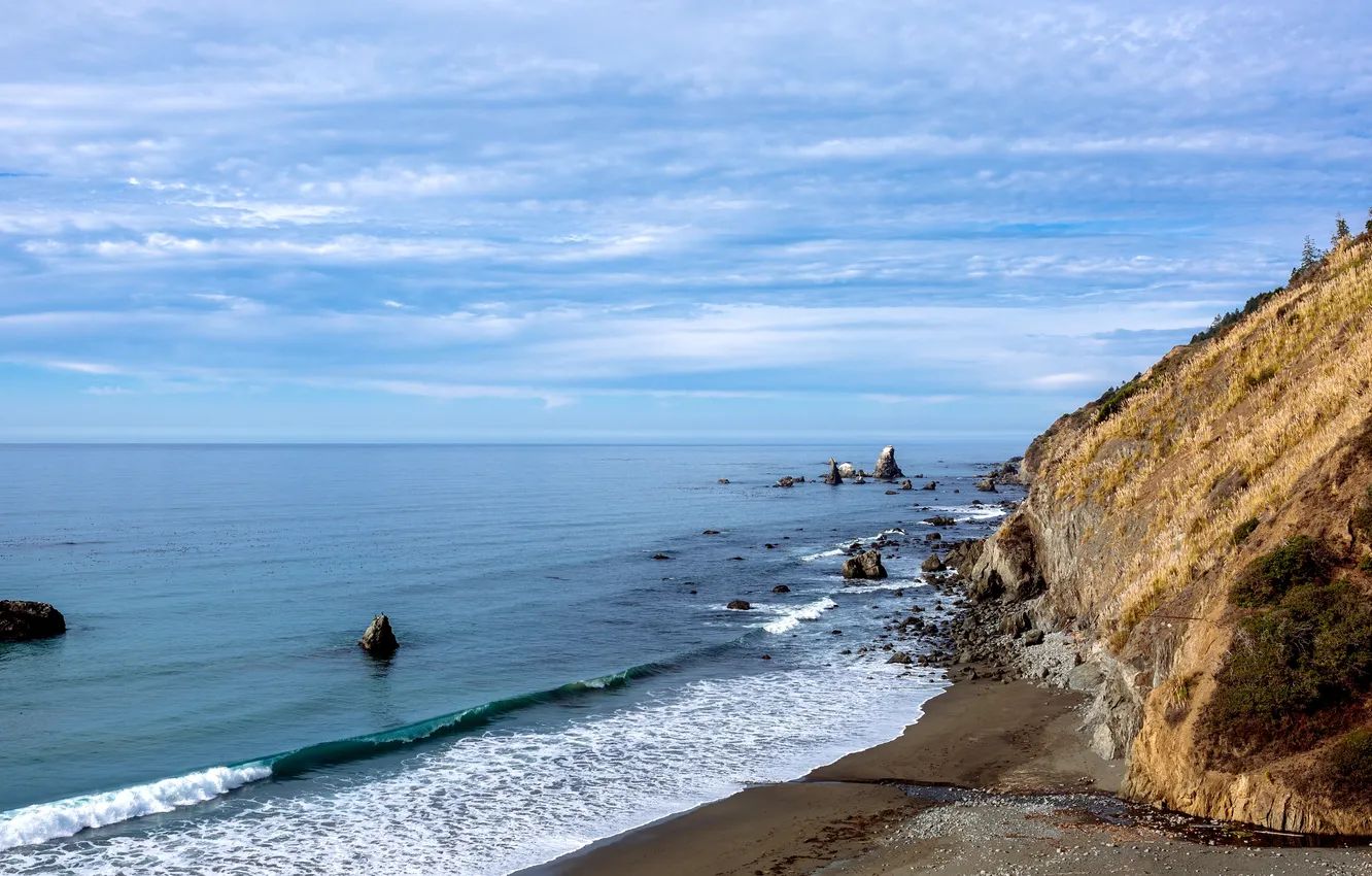 Photo wallpaper sea, wave, the sky, clouds, stones, shore