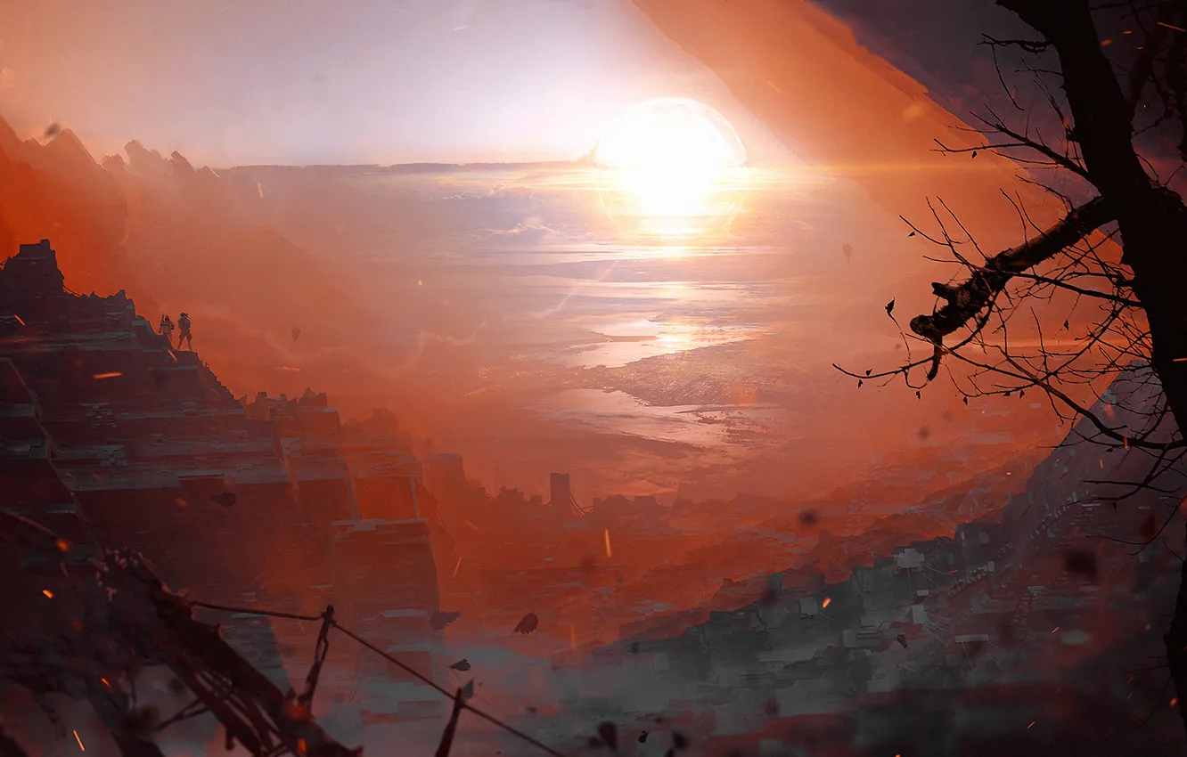 Photo wallpaper autumn, the sun, light, mountains, rocks, dawn