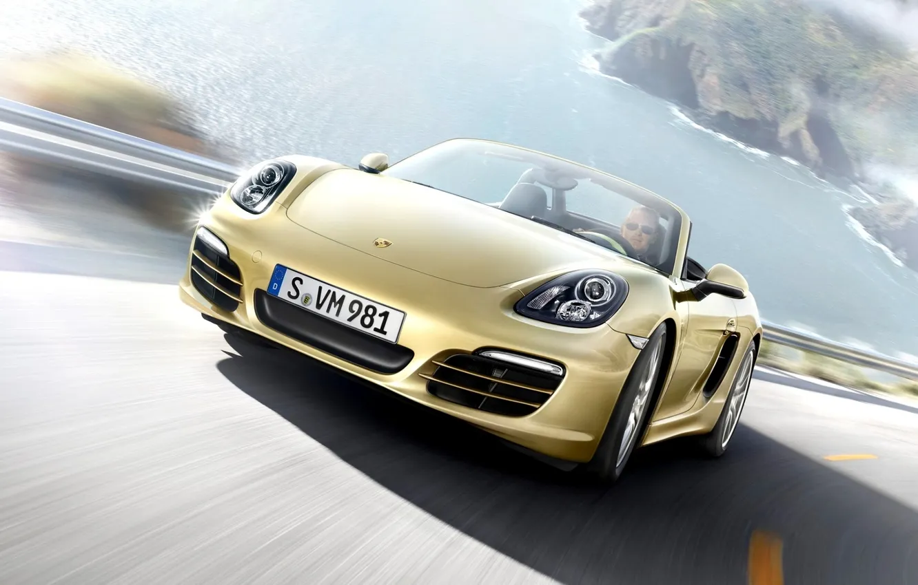 Photo wallpaper road, water, rocks, Porsche, sports car, Porsche, Golden, Boxster