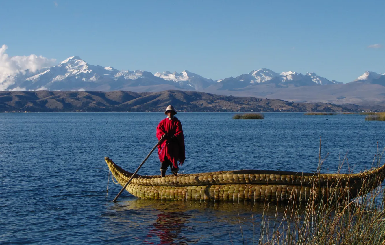 Photo wallpaper mountains, lake, boat, Bolivia, Titicaca, the Bolivian, 's a serape