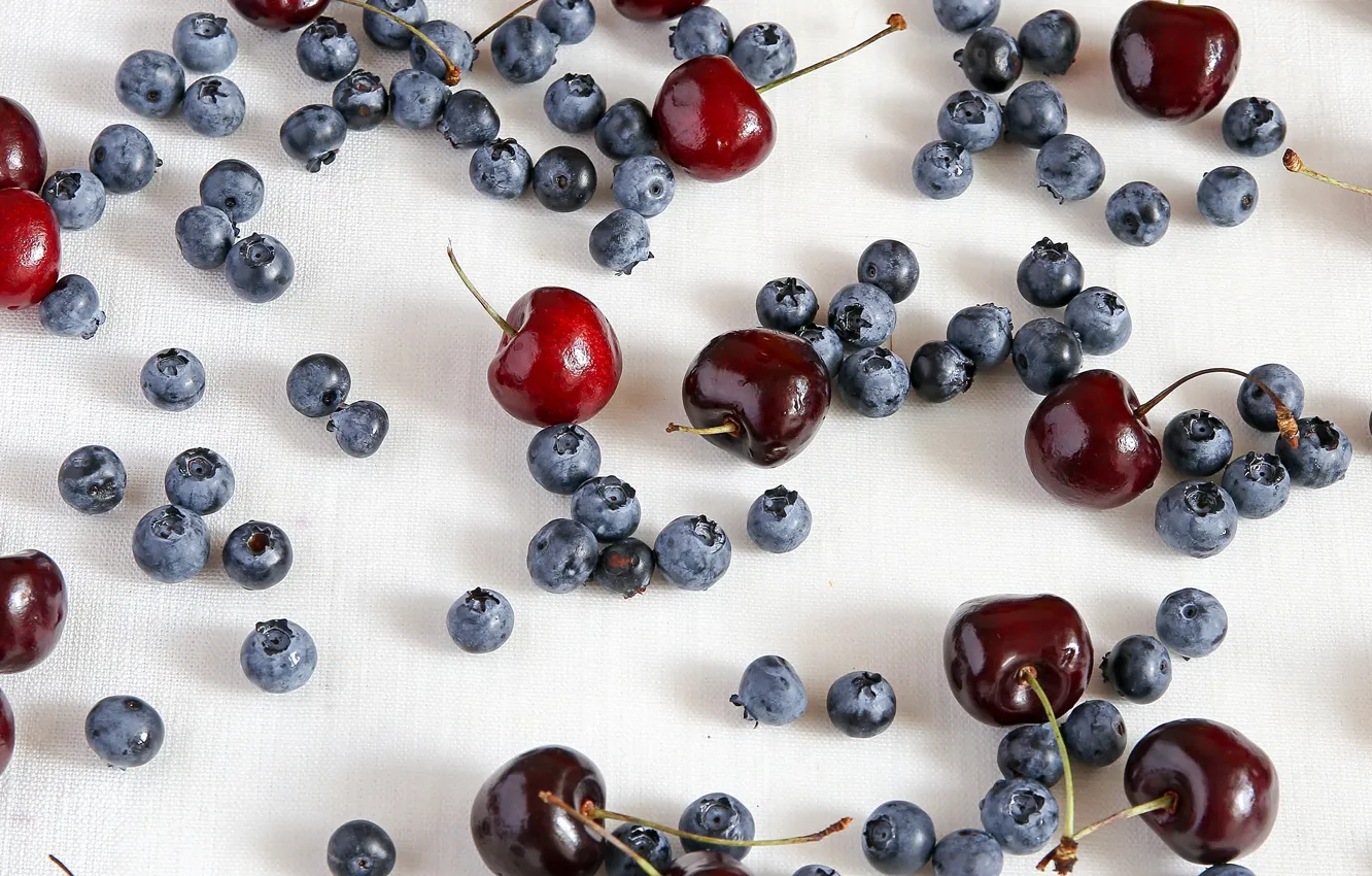 Photo wallpaper cherry, berries, background, food, blueberries, Cherry, berries, the view from the top