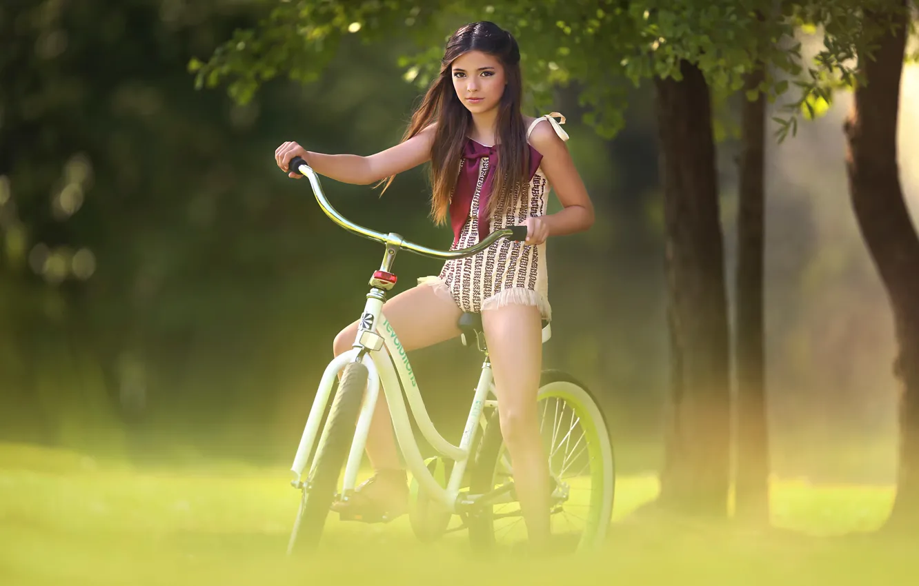 Photo wallpaper trees, bike, girl, bokeh