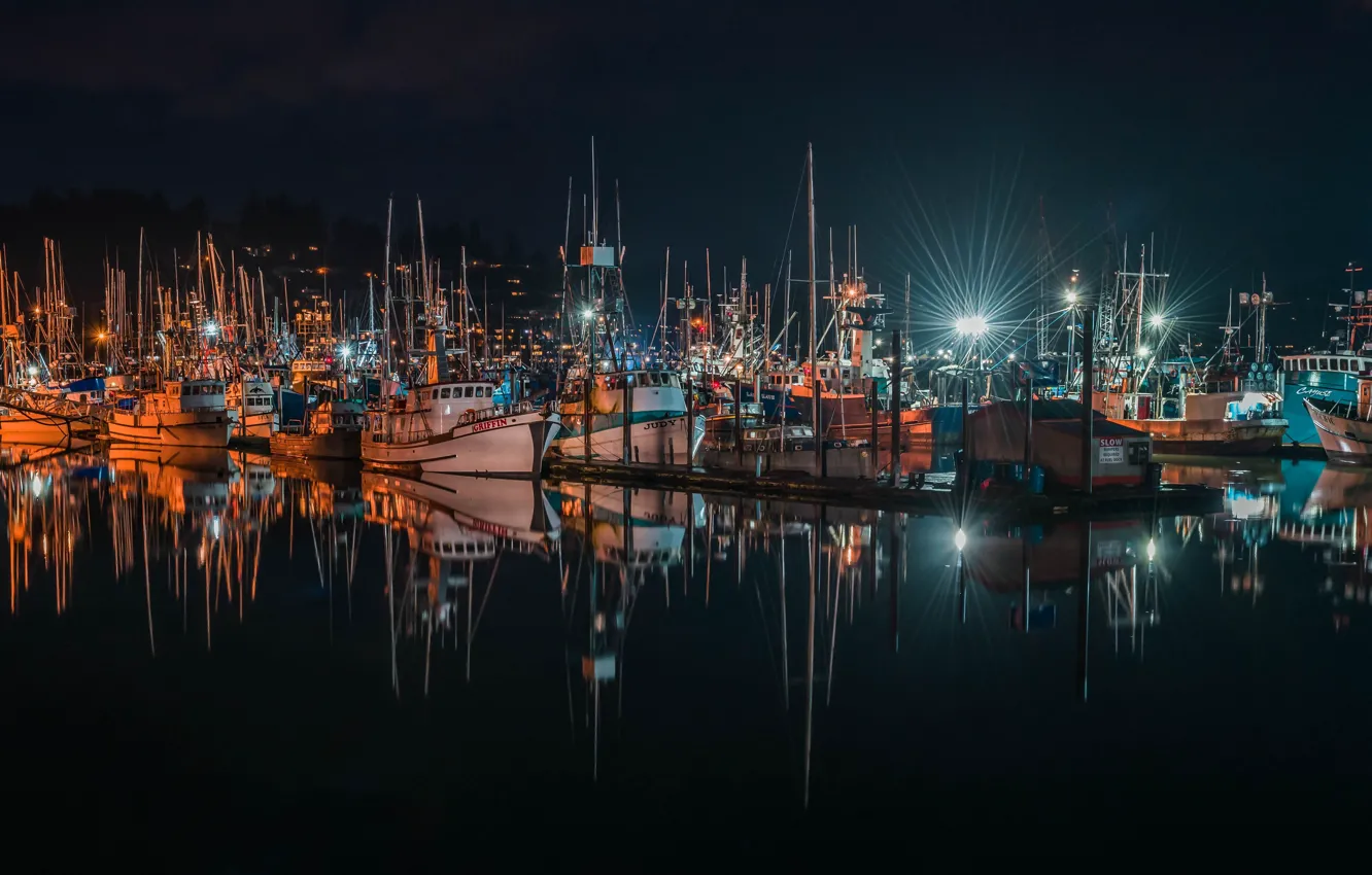 Photo wallpaper night, lights, boat, yacht, harbour