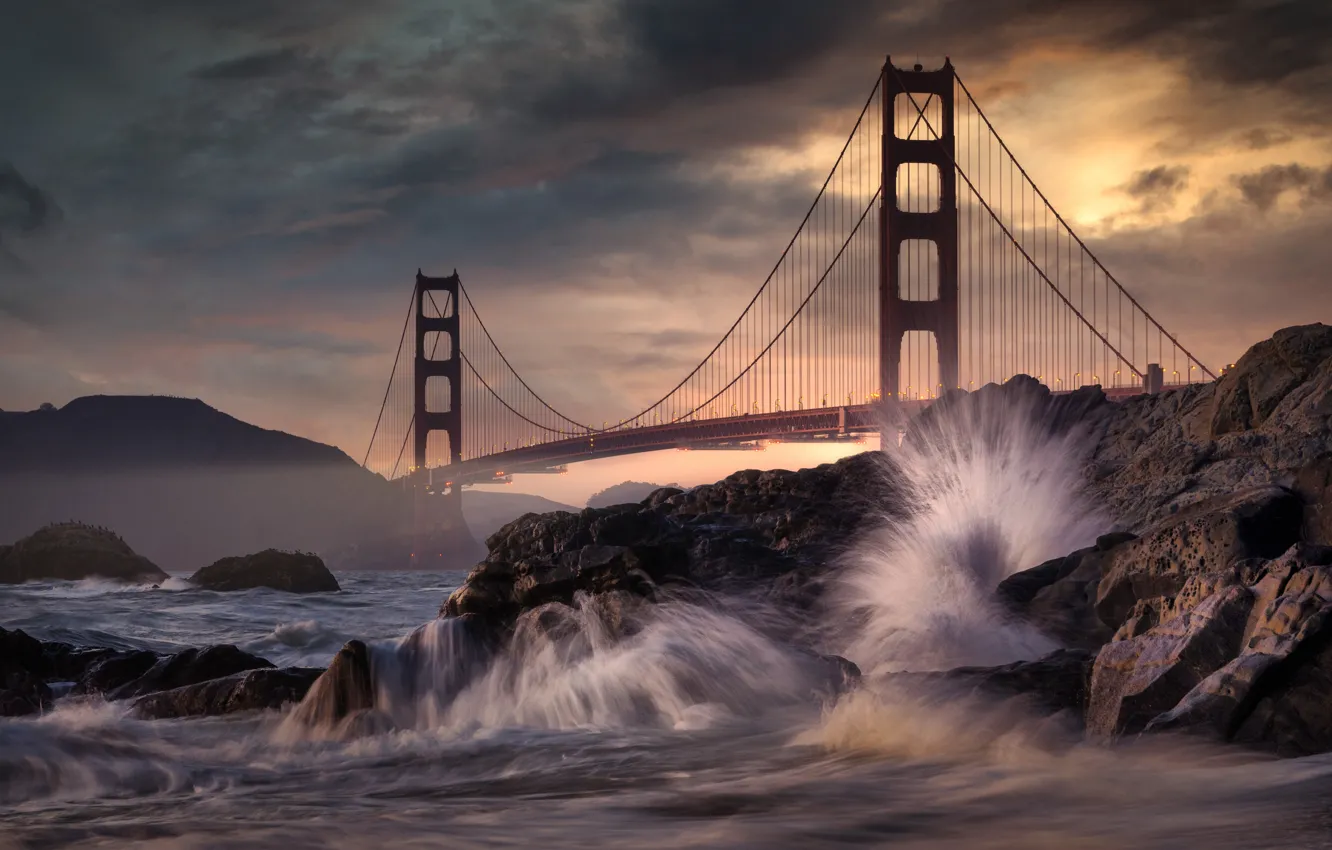 Photo wallpaper sea, bridge, stones, rocks, CA, San Francisco, Golden Gate Bridge, California