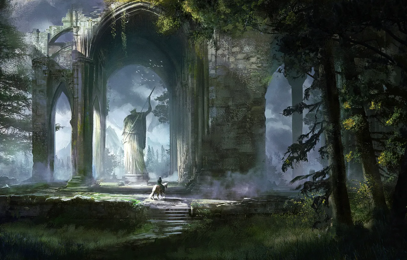 Photo wallpaper mountains, statue, architecture, the ruins, rider, forest
