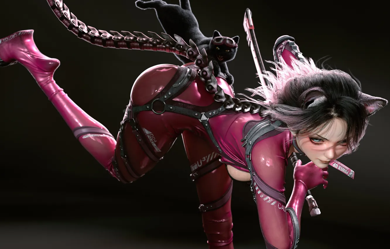 Photo wallpaper bodysuit, pink, catgirl, cat, mechanical, latex, Science Fiction, scifi