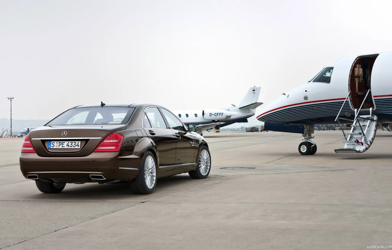 Photo wallpaper car, machine, Mercedes, plane, S-Class, car and plane