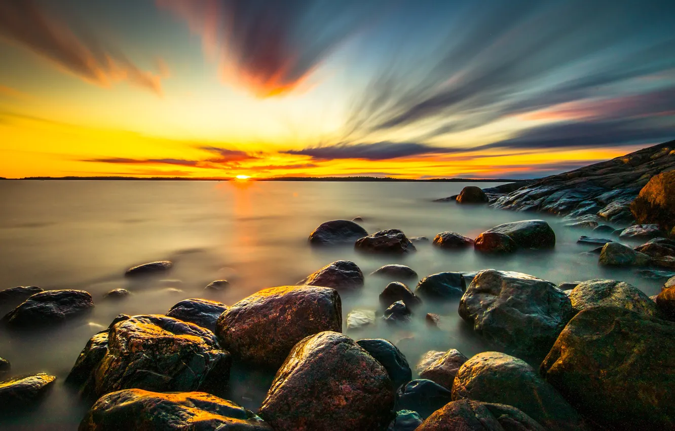 Photo wallpaper sea, the sky, the sun, clouds, landscape, sunset, nature, stones