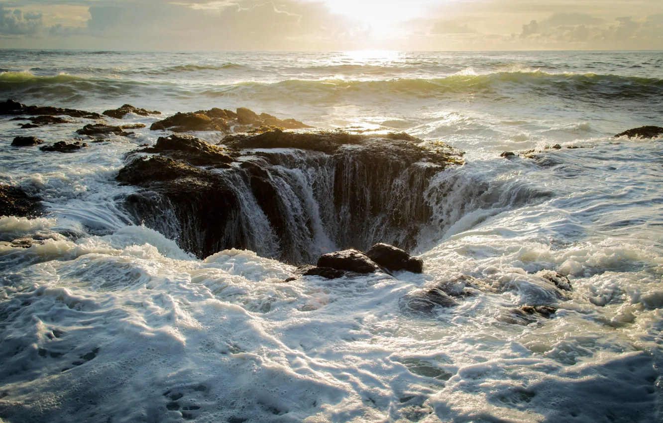 Photo wallpaper sea, foam, the sun, coast, pit