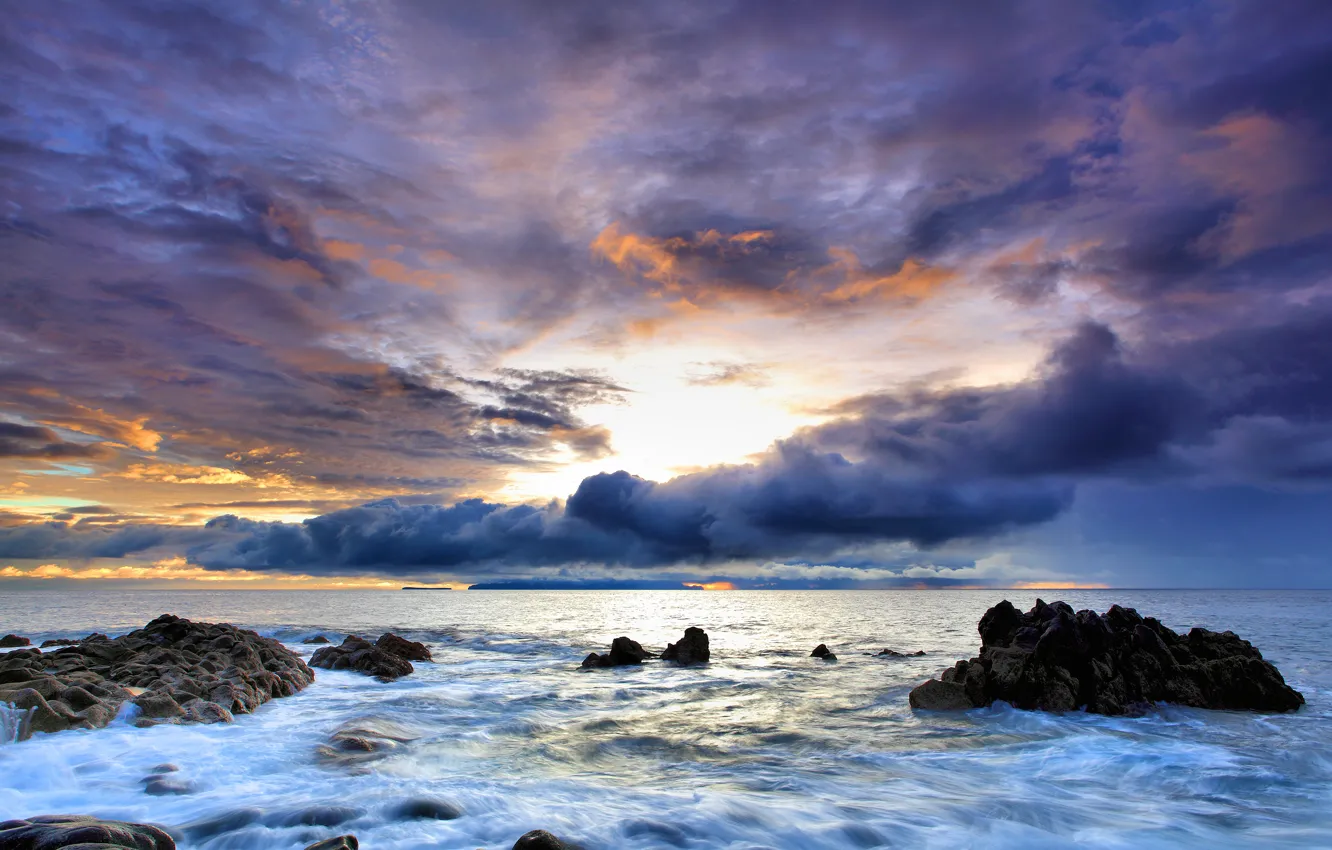 Photo wallpaper sea, the sky, water, sunset, rocks, Portugal