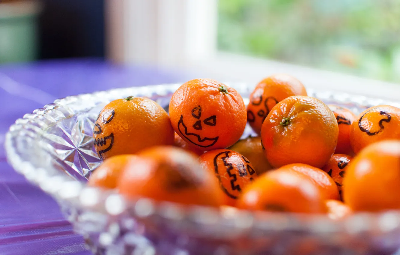 Photo wallpaper autumn, holiday, pumpkin, Halloween, Halloween, faces, bokeh, tangerines