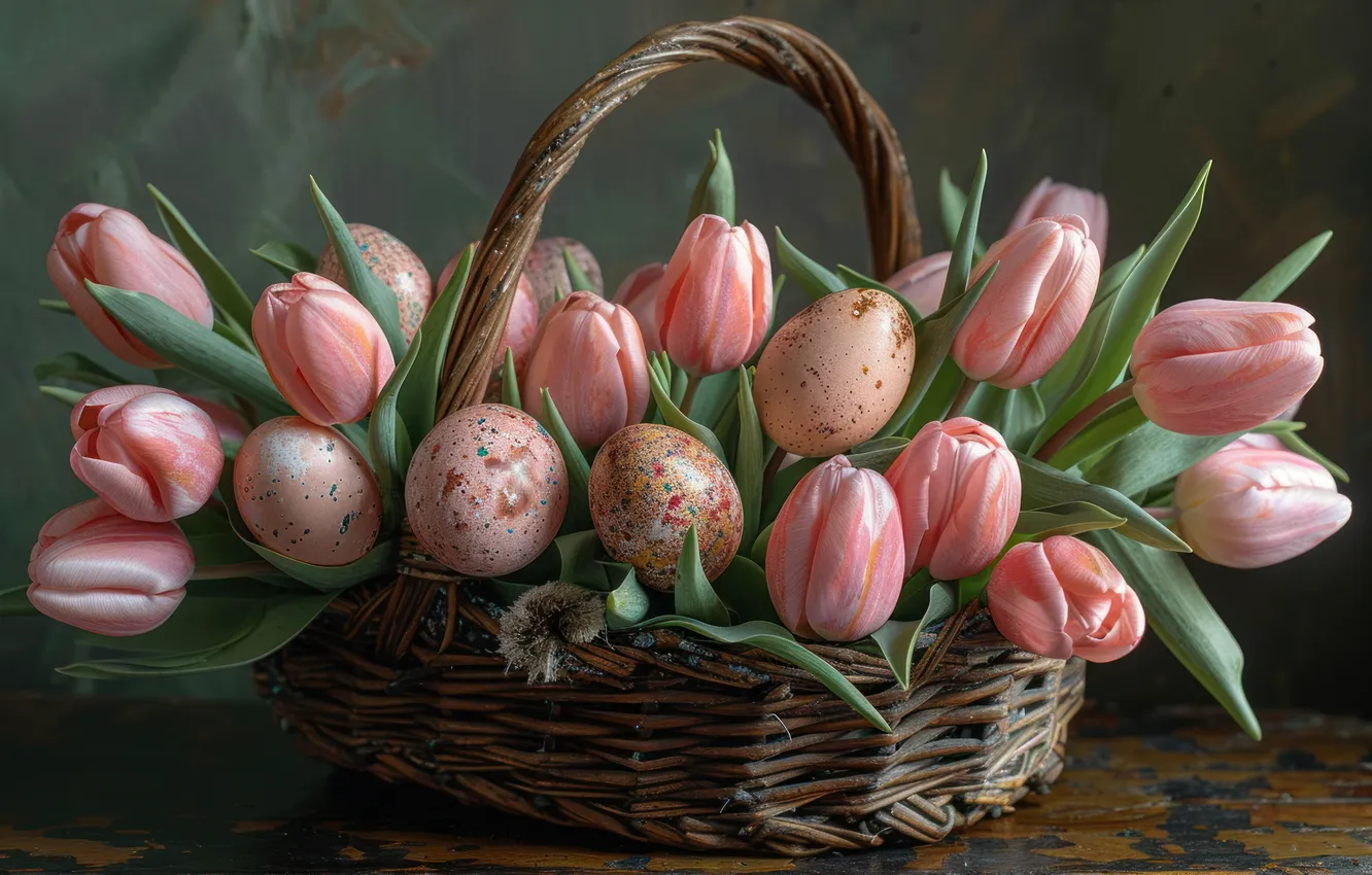 Photo wallpaper flowers, holiday, eggs, bouquet, Easter, tulips
