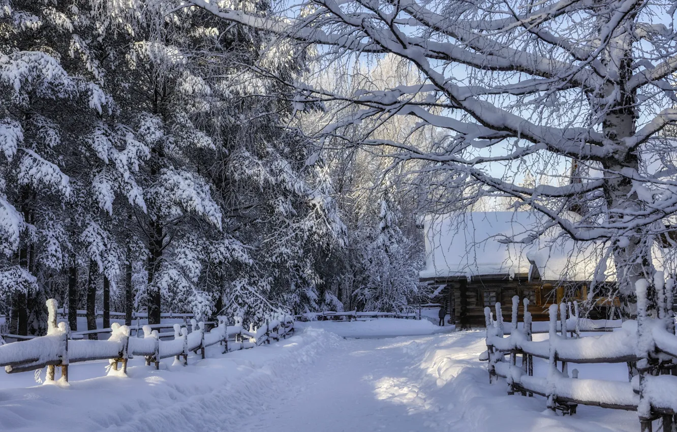 Photo wallpaper winter, forest, snow, landscape, nature, house, the fence, the fence