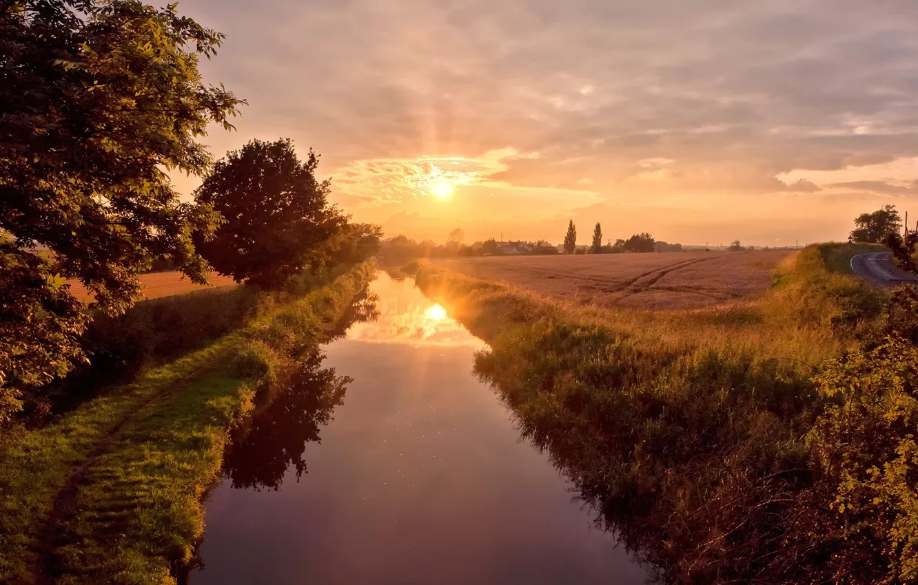 Photo wallpaper road, the sky, the sun, trees, trail, river