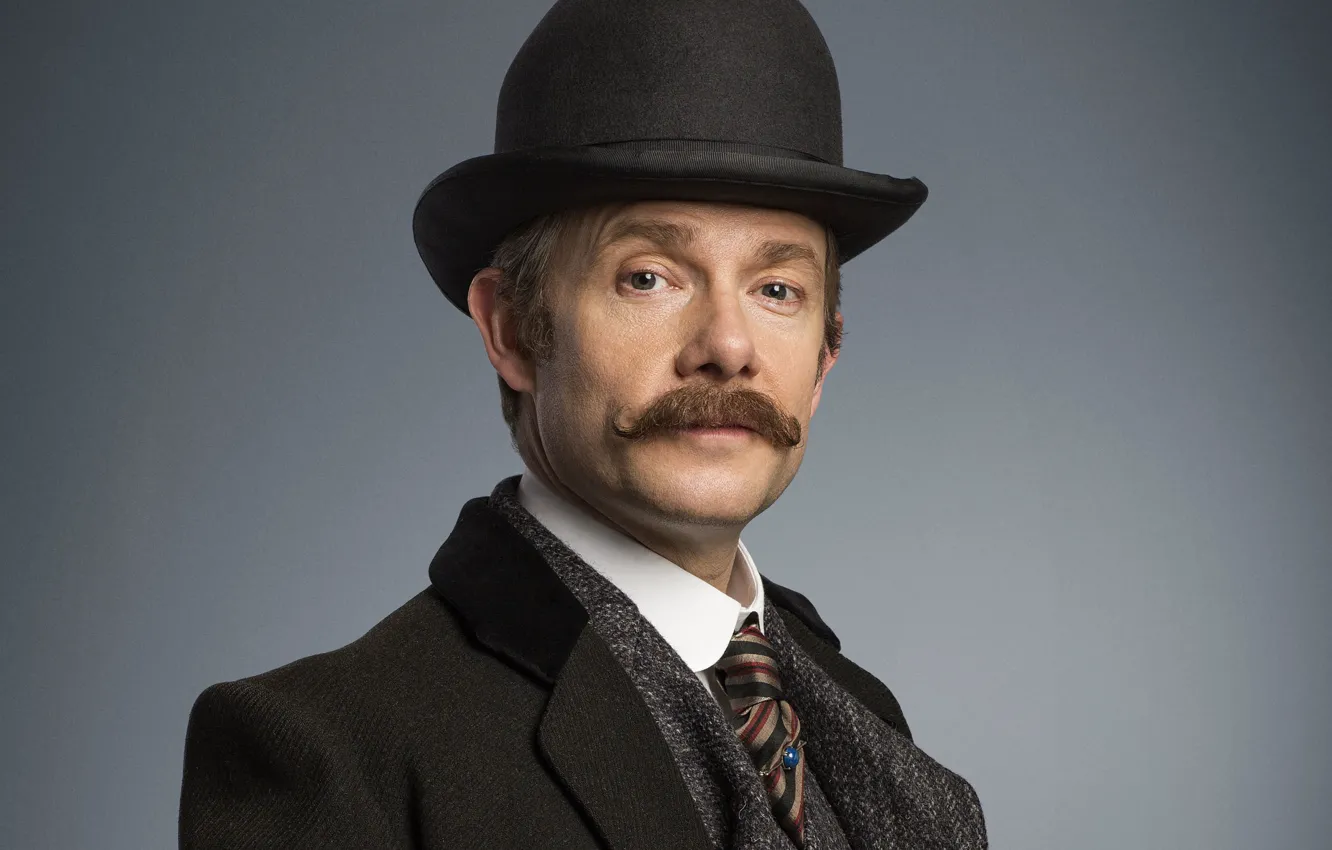 Photo wallpaper mustache, hat, coat, Martin Freeman, Sherlock, Sherlock BBC, Sherlock Holmes, John Watson